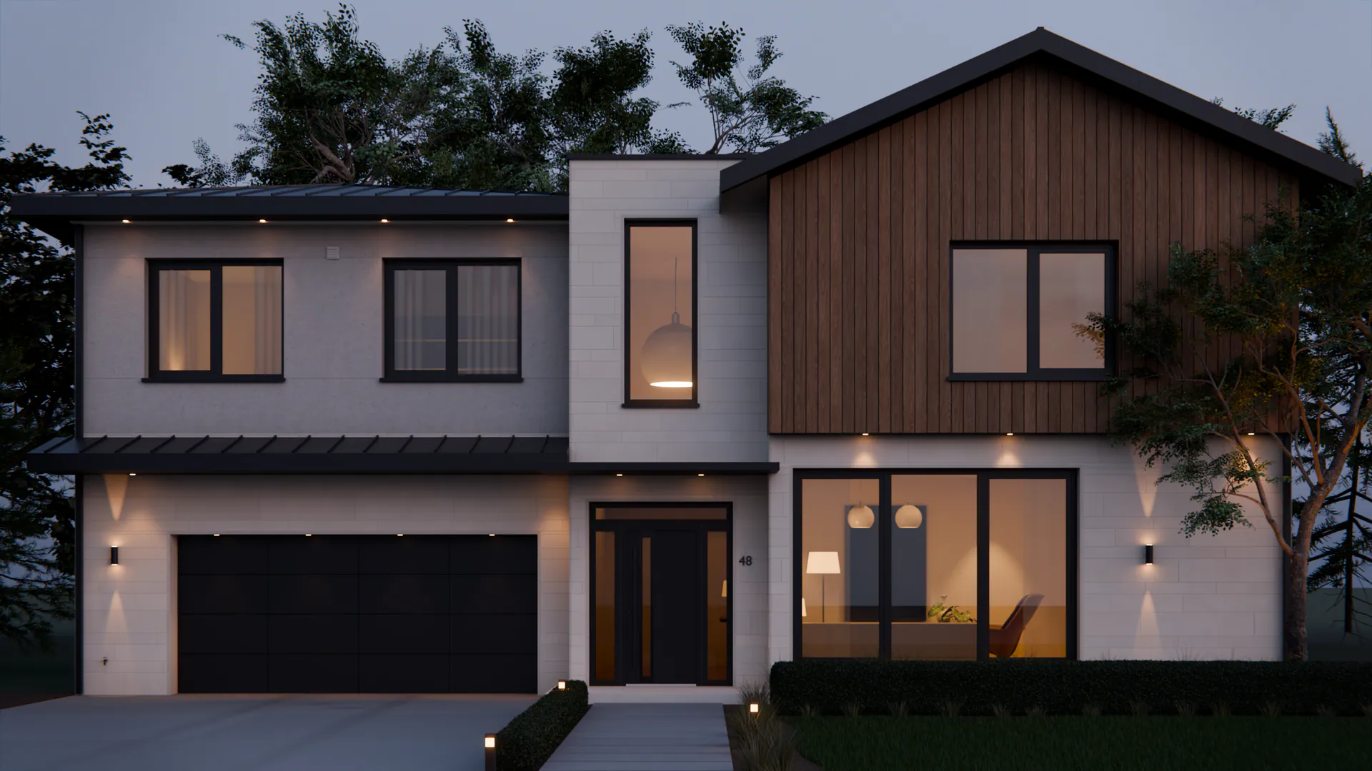 A contemporary house at dusk with a black Singen 6 entrance, two sidelights and a transom, a black Slate garage door and a large black-framed window
