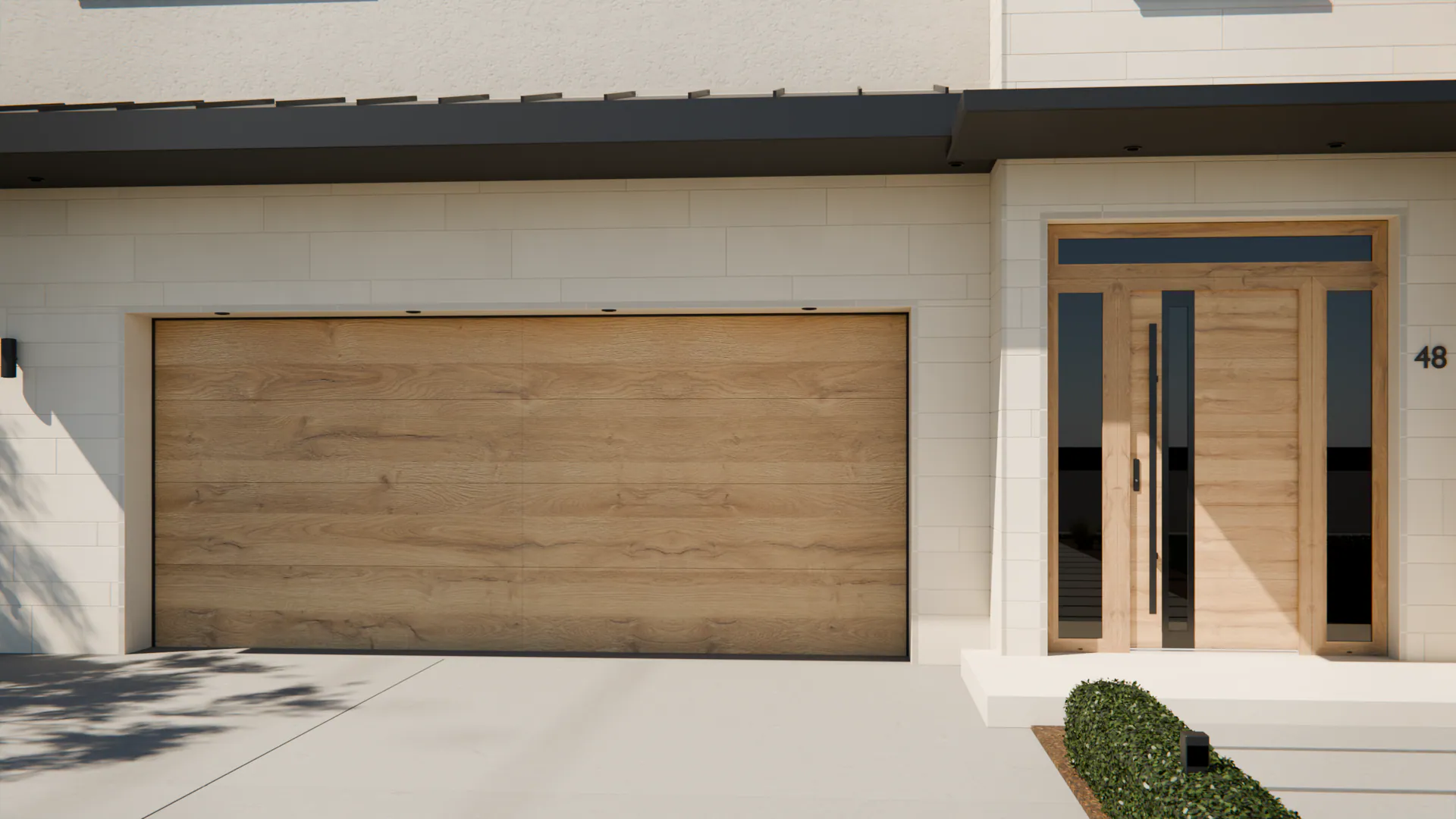 Singen 6 + Concord: the entry door in Natural Oak, the garage door in Natural Oak, on a contemporary house (illustrative)