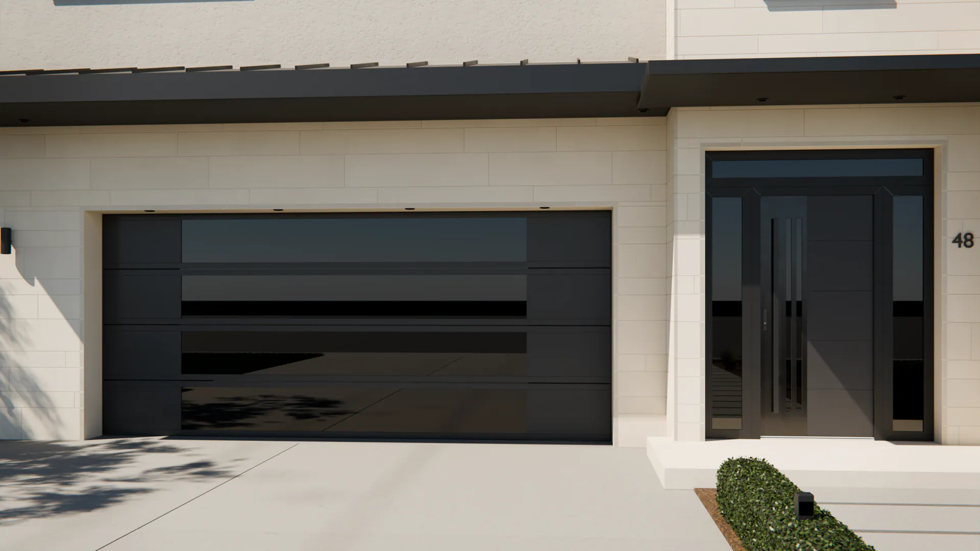 Leimen 5 + Onyx: the entry door in Smooth Anthracite, the garage door in MRO Anthracite Grey, on a contemporary house (illustrative)