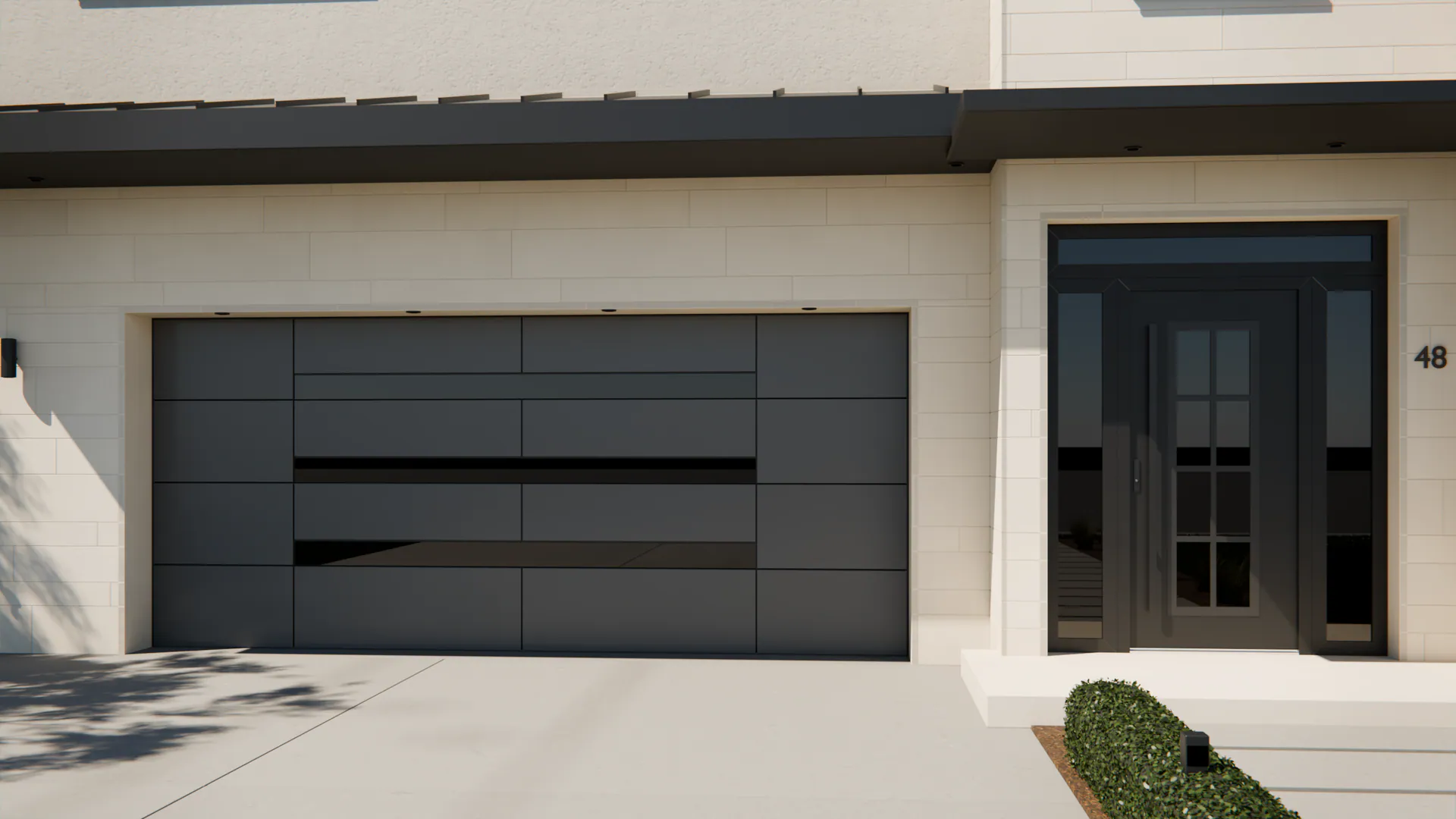 Ebern 5 + Linea: the entry door in Black, the garage door in BSX Metallic Silver, on a contemporary house (illustrative)