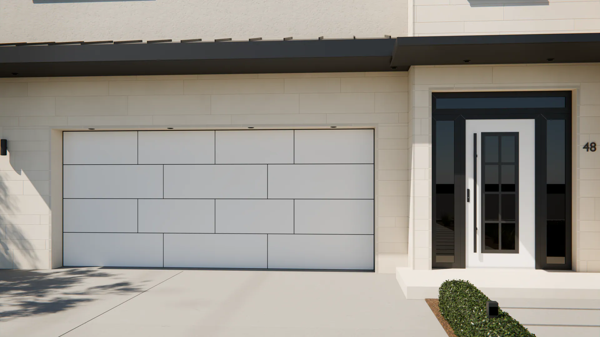 Ebern 5 + Staggered: the entry door in White Matt, the garage door in SAW White, on a contemporary house (illustrative)