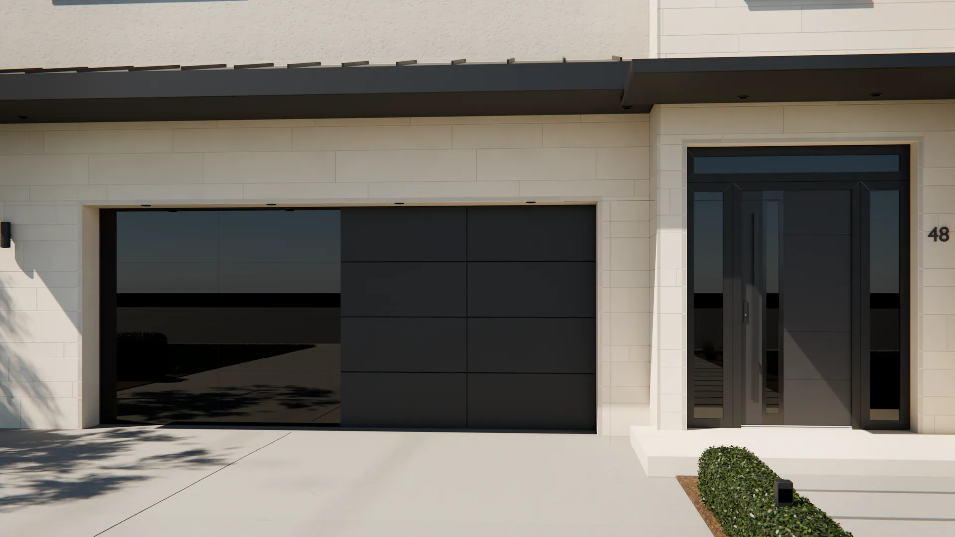 Singen 6 + Half View: the entry door in Smooth Anthracite, the garage door in BLX Black, on a contemporary house (illustrative)