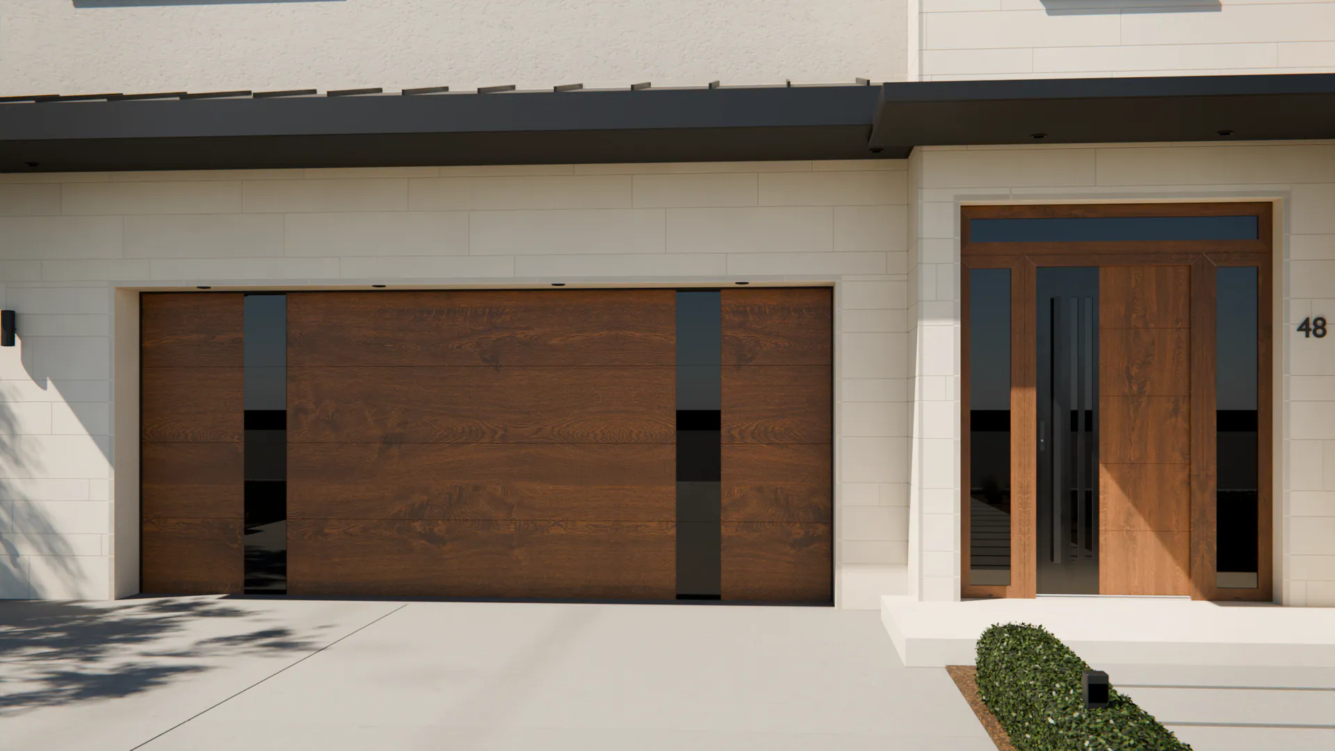 Leimen 5 + Axis: the entry door in Walnut, the garage door in Walnut, on a contemporary house (illustrative)