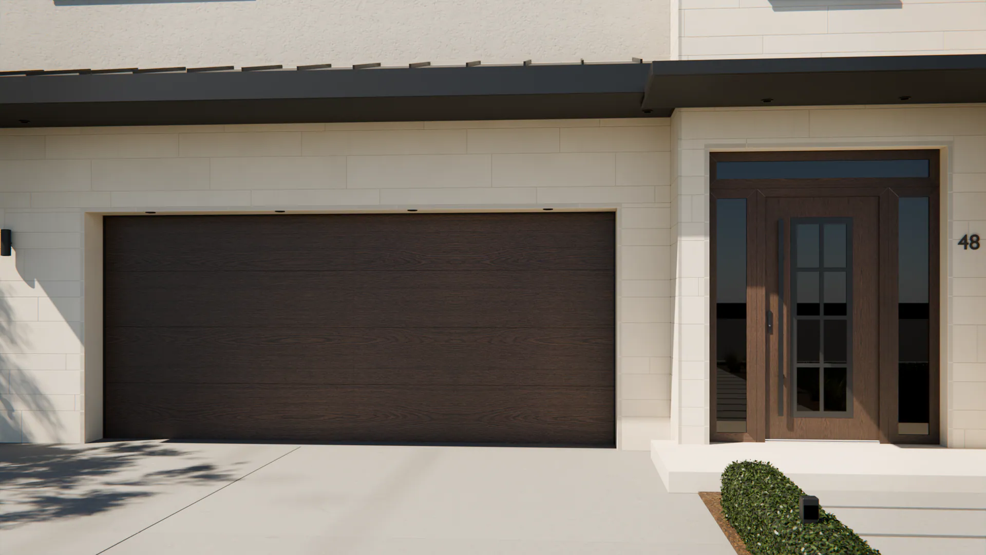Ebern 5 + Concord: the entry door in Swamp Oak, the garage door in Swamp Oak, on a contemporary house (illustrative)