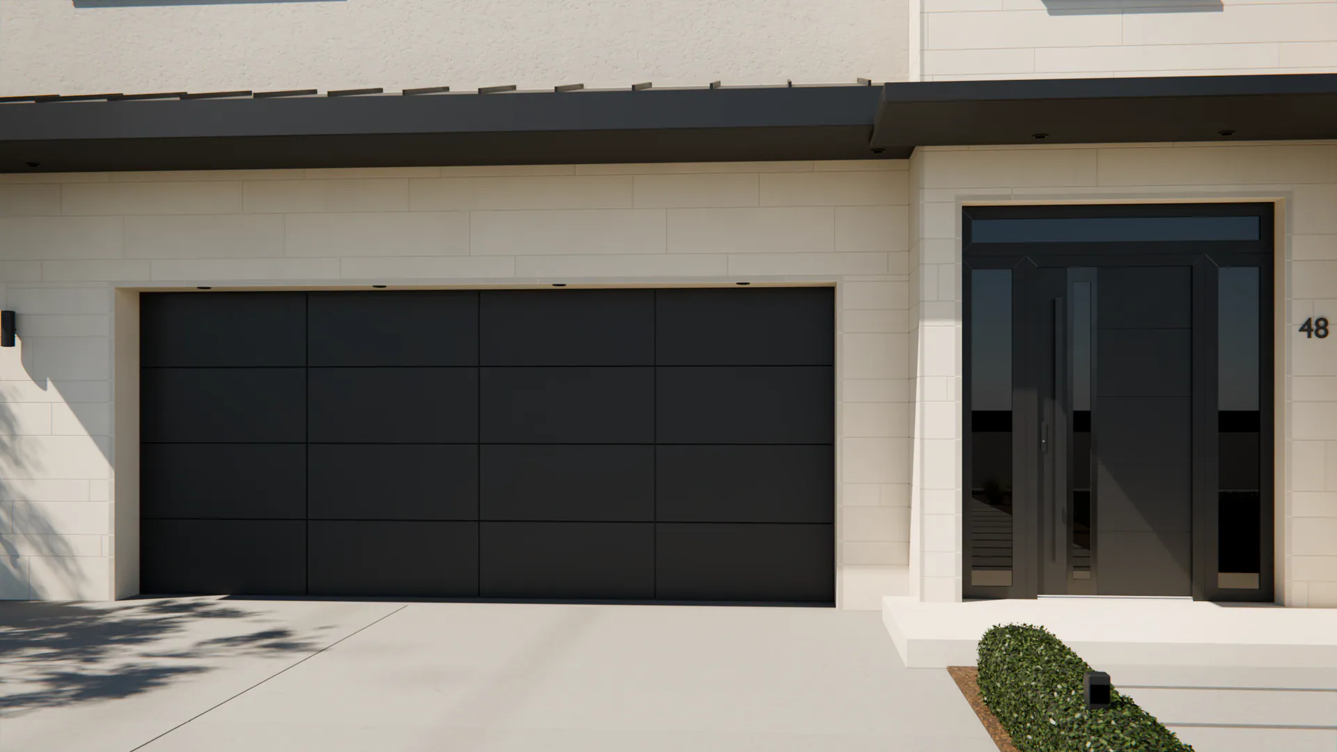 Singen 6 + Slate: the entry door in Black, the garage door in BLX Black, on a contemporary house (illustrative)