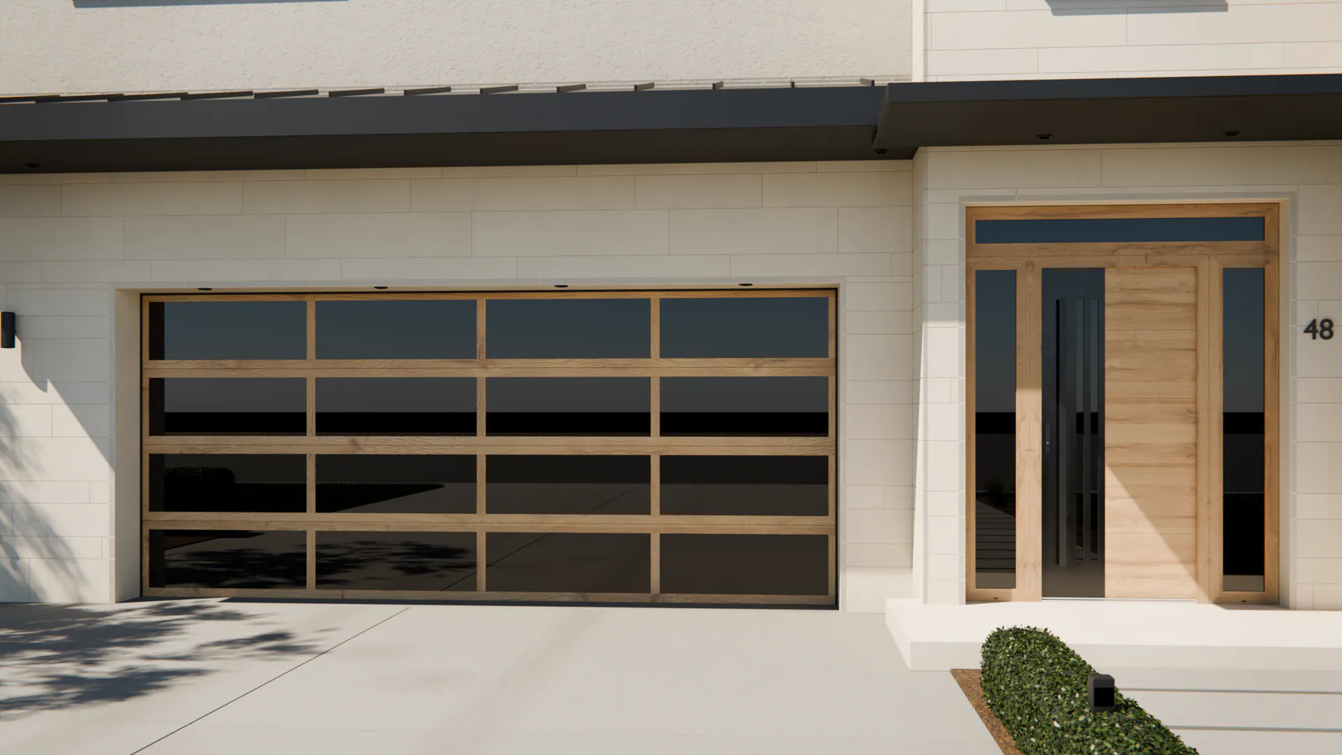 Leimen 5 + Aperture: the entry door in Natural Oak, the garage door in Natural Oak, on a contemporary house (illustrative)