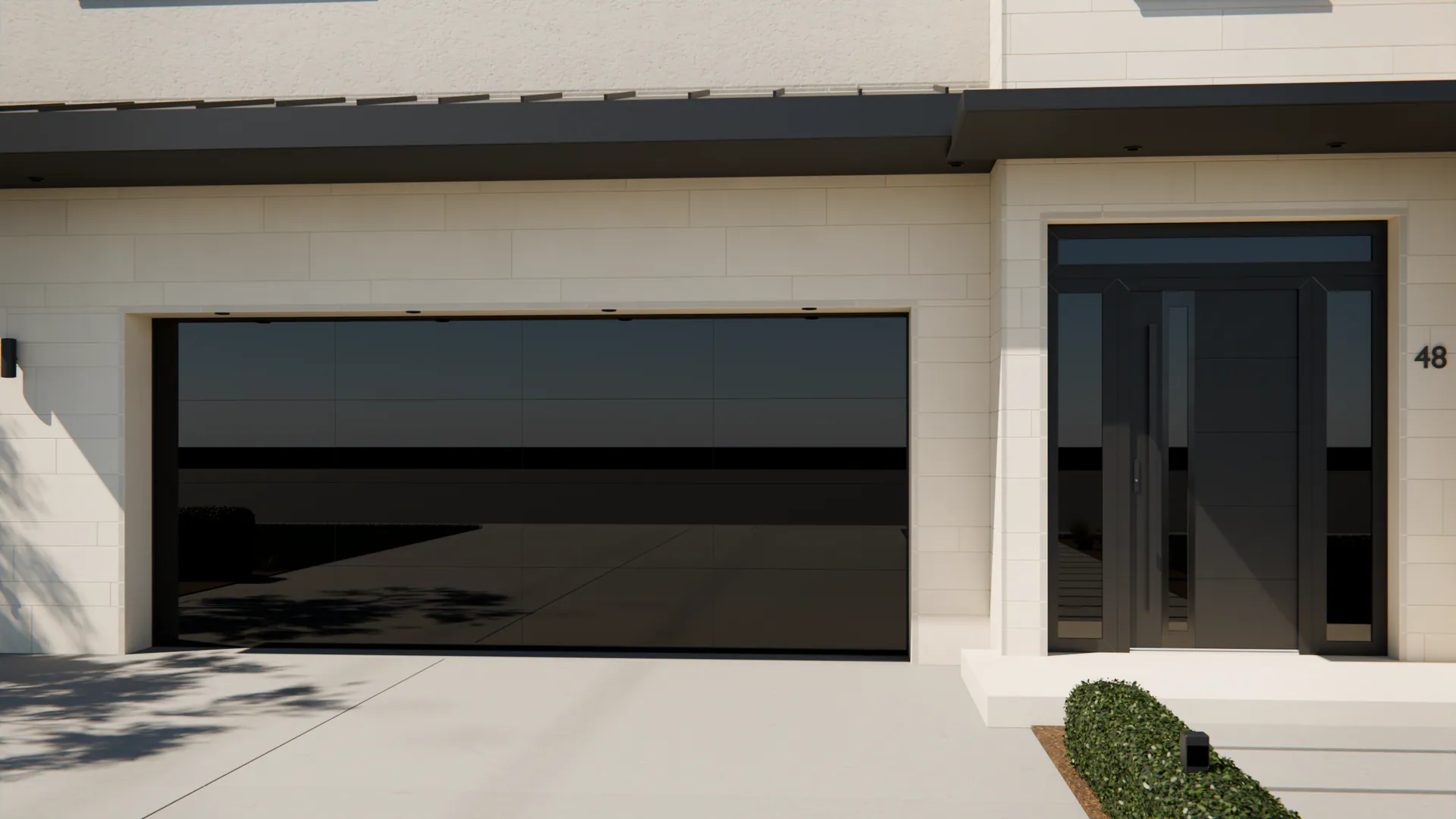 Singen 6 + Panorama: the entry door in Black, the garage door in Black, on a contemporary house (illustrative)