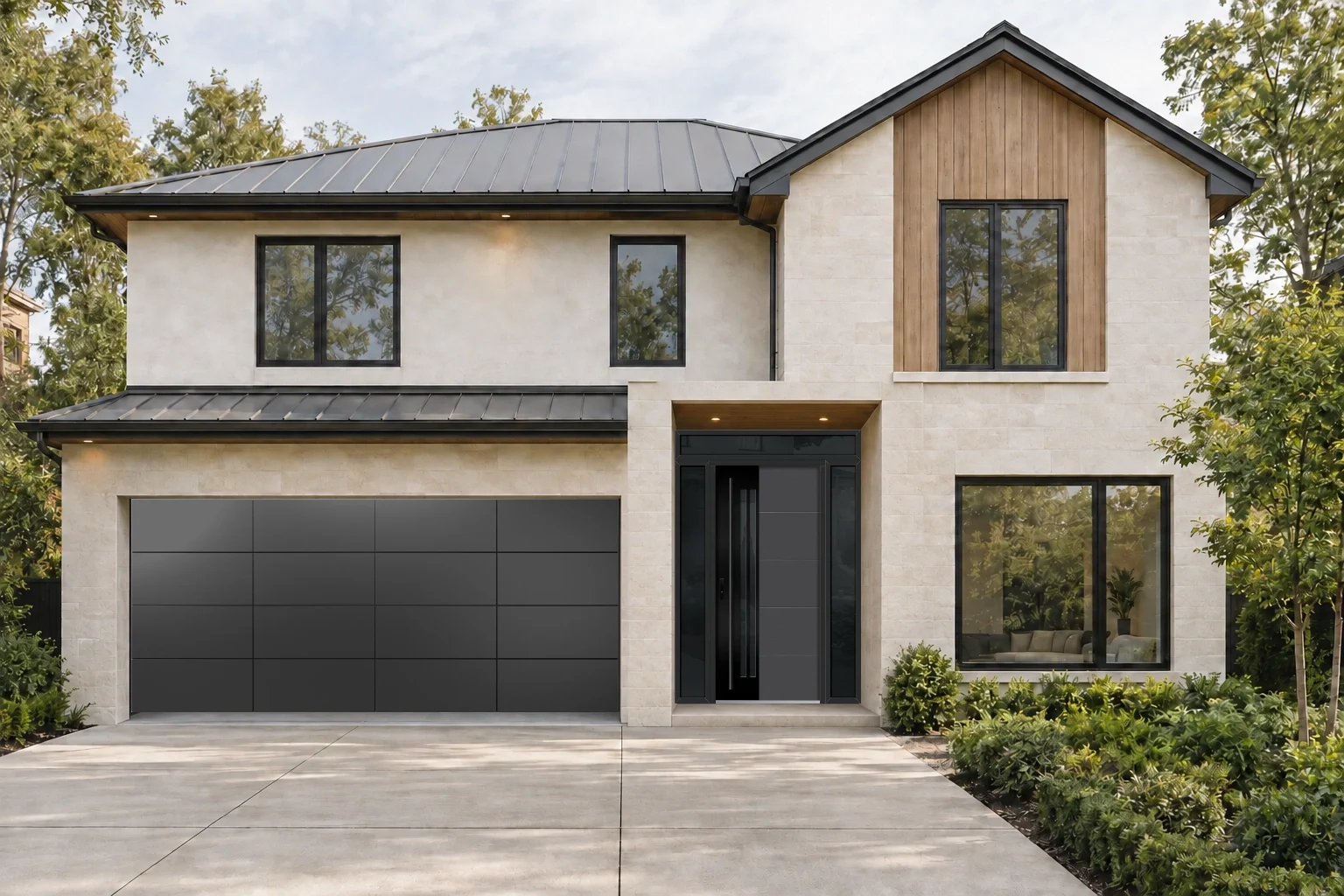 Contemporary house with a grand Leimen 5 entrance, two sidelights and a transom, paired with a Slate garage door