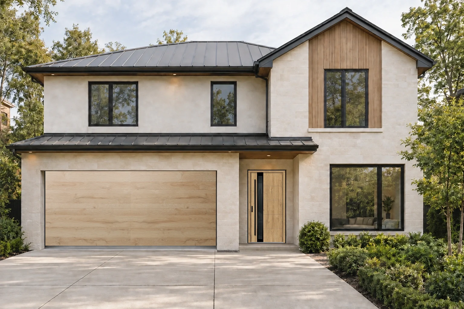 Singen 6 + Concord in Natural Oak, Flush panels, shown together on a contemporary house