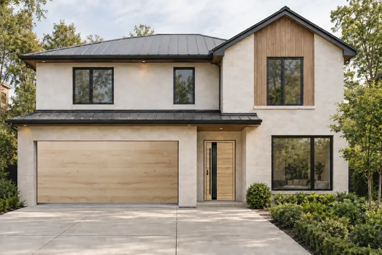Singen 6 entry door and Concord flush garage door, both in Natural Oak