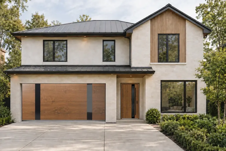 Singen 6 entry door and Axis garage door with two glass columns, both in Walnut