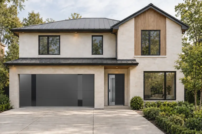 Leimen 5 entry door and Axis garage door, both in Black