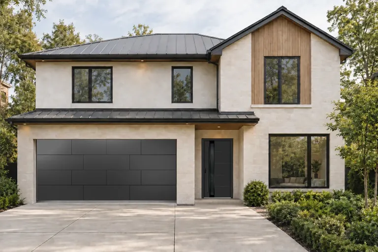 Singen 6 entry door in Black with a Staggered aluminum composite garage door in BLX Black