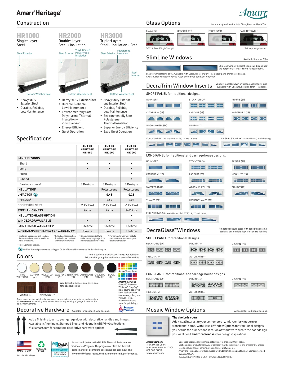 Amarr Heritage brochure page 2 — construction, specifications, colors, DecraTrim and DecraGlass window inserts
