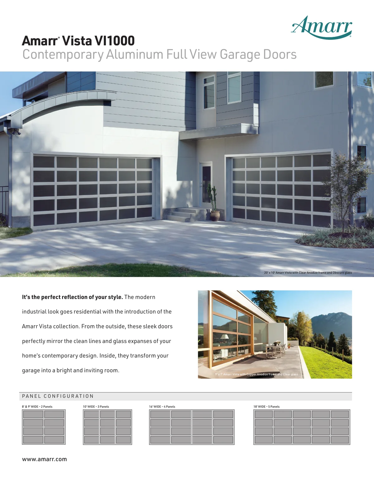 Amarr Vista brochure page 1 — contemporary full-view aluminum and glass garage doors and panel configurations