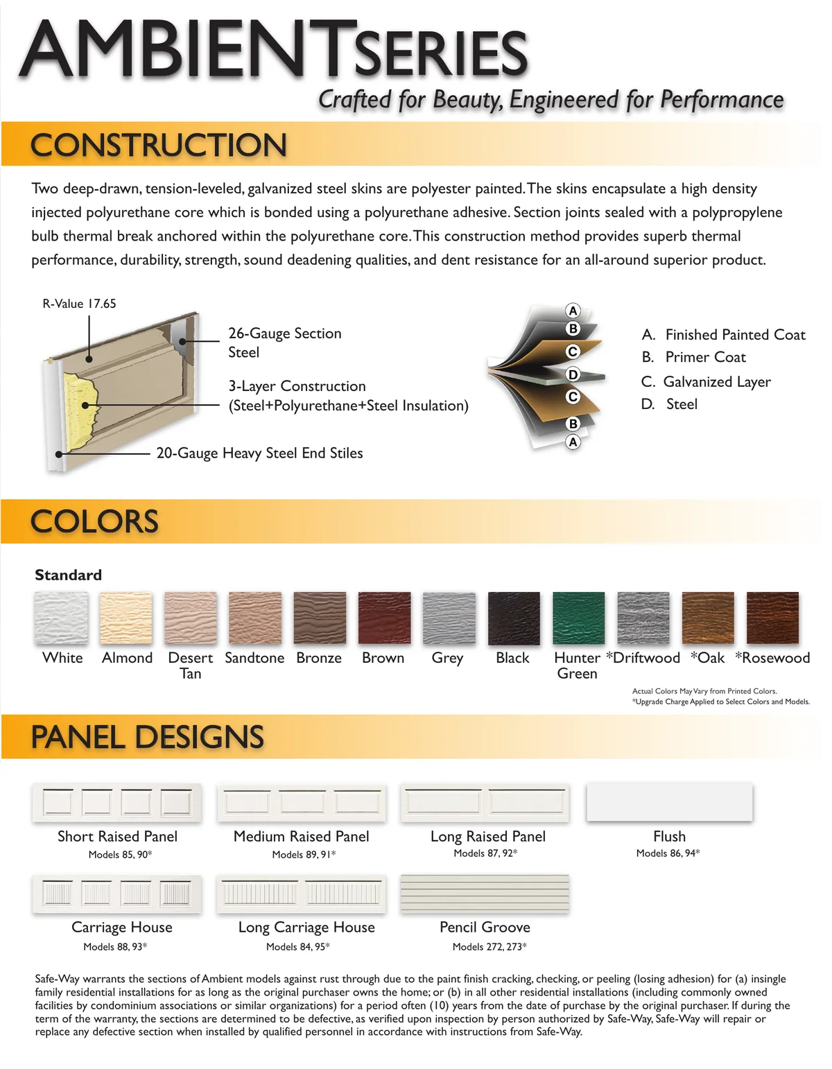 Safe-Way Ambient brochure page 2 — construction, colors, and panel designs